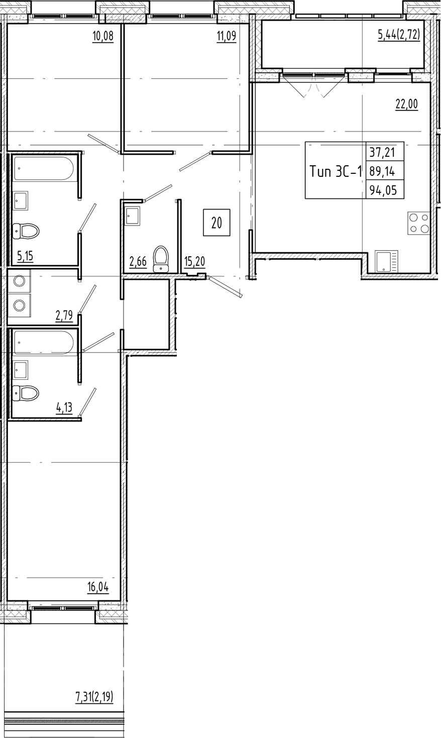 3-комнатная квартира 94.05 м², 2/4 эт., ЖК «Ranta Residence»